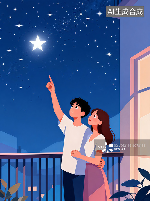 【AI数字艺术】一对情侣在阳台上相拥 男人指着星星 婚恋主题概念插画图片素材