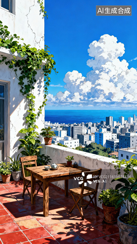 【AI数字艺术】屋顶露台俯瞰城市海景图片素材
