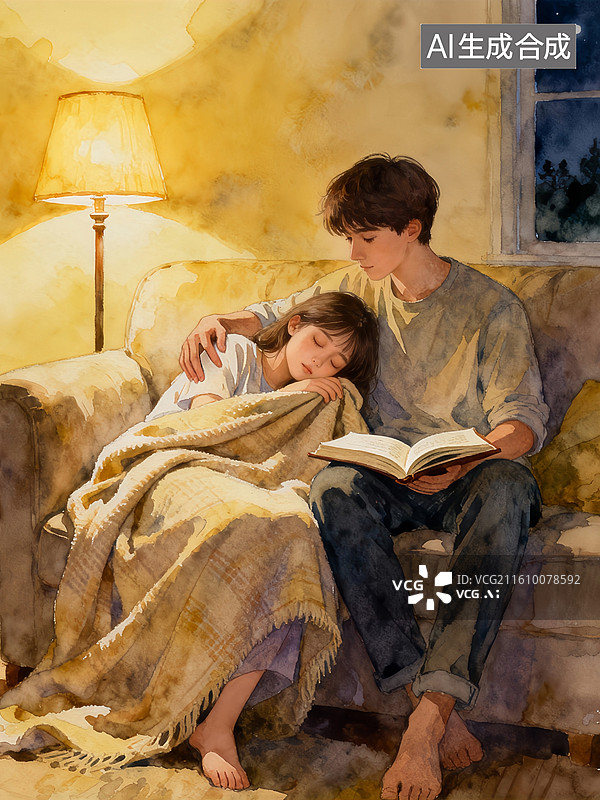 【AI数字艺术】女孩头轻轻靠在男孩肩上睡着了 婚恋主题概念插画图片素材