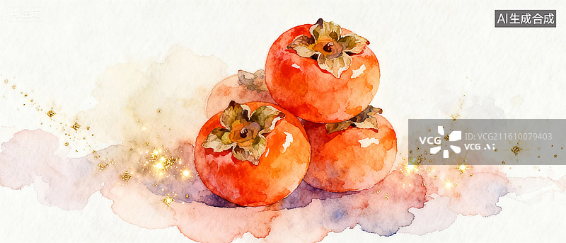 【AI数字艺术】水彩画 柿子 柿柿如意图片素材