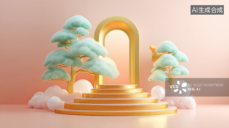 【AI数字艺术】金色阶梯与柔和的粉嫩树木图片素材
