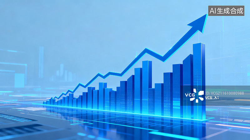 【AI数字艺术】蓝色柱状图与折线结合，背景为虚拟空间，强调数据动态变化，适合用于实时监控或智能分析系统图片素材