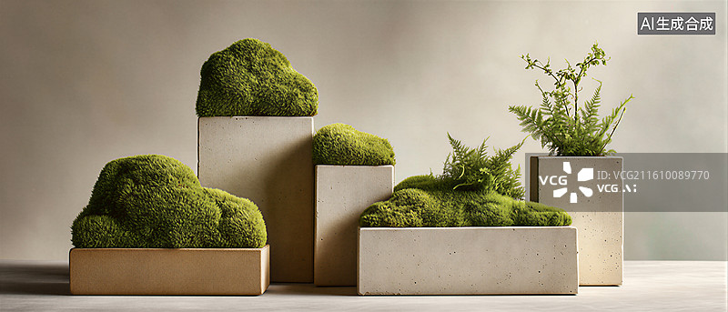 【AI数字艺术】苔藓绿植与混凝土容器的组合展示图片素材