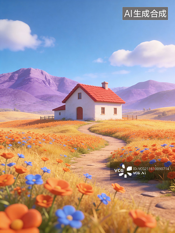 【AI数字艺术】花田小屋与远山风景图片素材