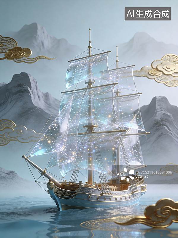 【AI数字艺术】梦幻帆船航行于云海山峦间图片素材