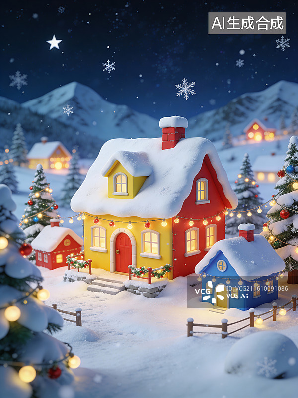 【AI数字艺术】雪夜童话小屋图片素材