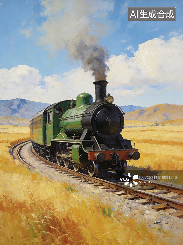 【AI数字艺术】绿色蒸汽火车行驶在田野铁轨上图片素材
