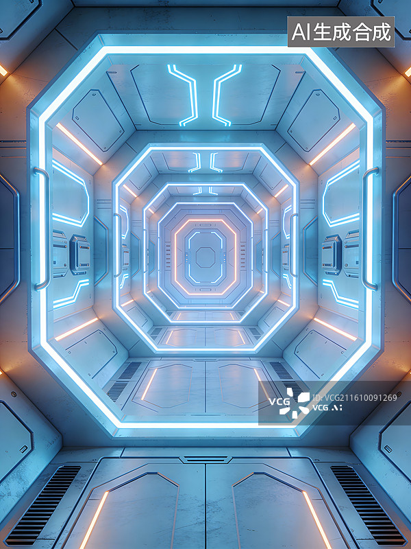 【AI数字艺术】未来科技隧道内部视角图片素材