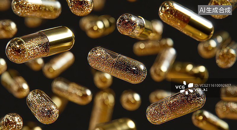 【AI数字艺术】金色胶囊悬浮动态画面图片素材