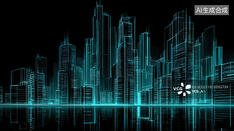 【AI数字艺术】未来城市线框建筑夜景图片素材
