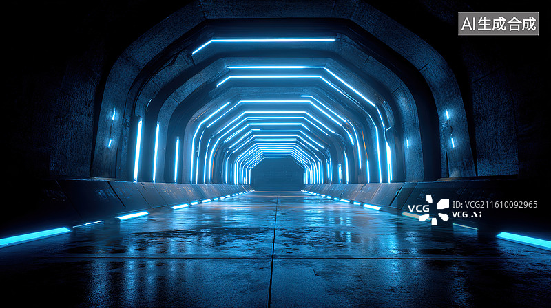 【AI数字艺术】蓝色霓虹灯光的未来隧道图片素材