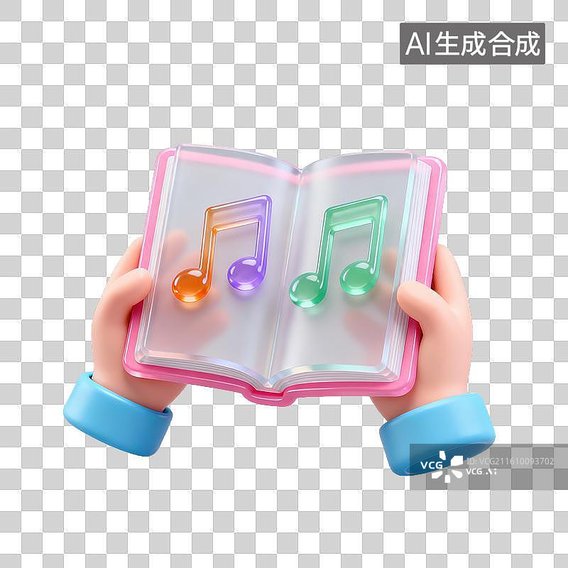 【AI数字艺术】3D磨砂玻璃材质教育主题音乐课手拿着打开的教科书上面有跳动的音符元素图片素材