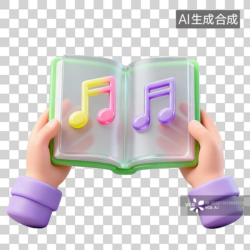 【AI数字艺术】3D磨砂玻璃材质教育主题音乐课手拿着打开的教科书上面有跳动的音符元素图片素材