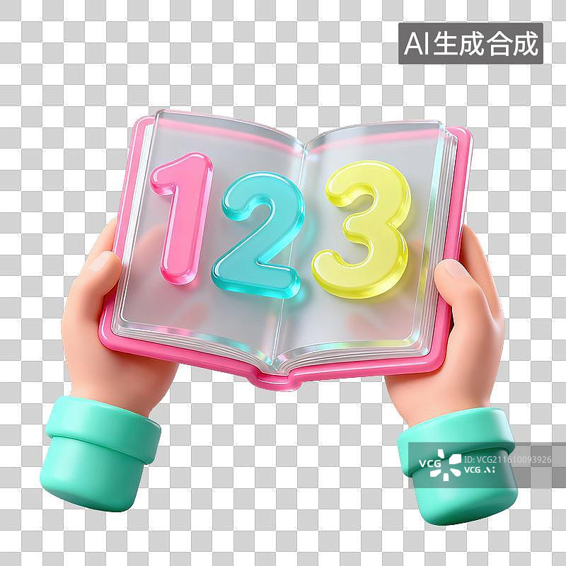 【AI数字艺术】3D磨砂玻璃材质教育主题数学课双手拿着打开的教科书上面有数字元素图片素材