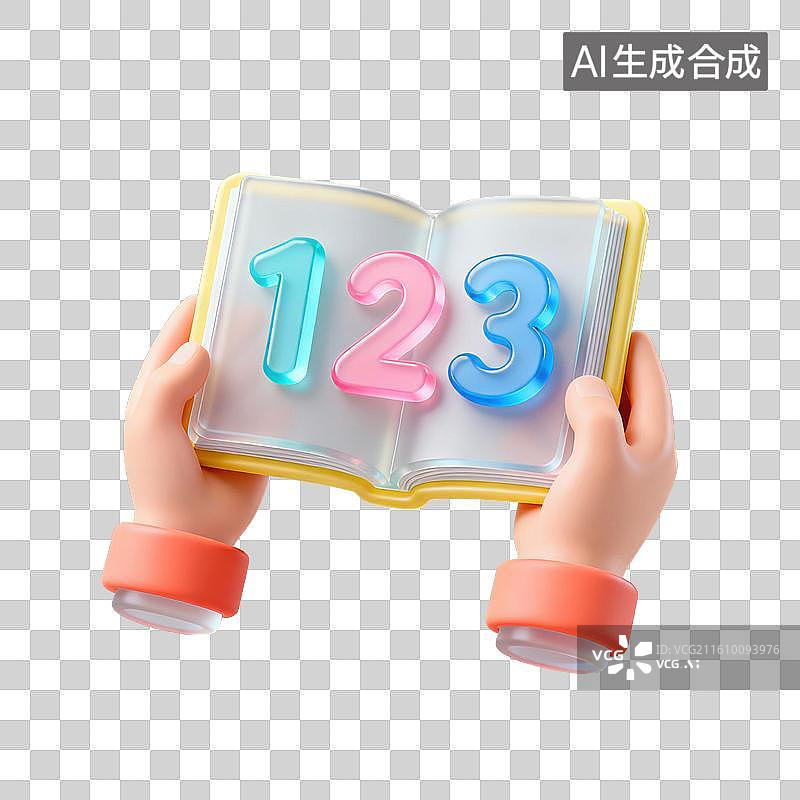 【AI数字艺术】3D磨砂玻璃材质教育主题数学课双手拿着打开的教科书上面有数字元素图片素材