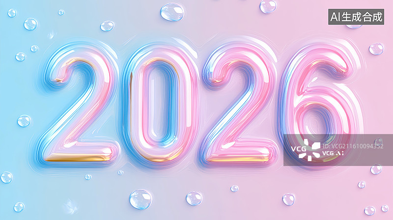 【AI数字艺术】2026年马年元旦新年快乐3D数字泡泡水珠粉蓝渐变节日海报图片素材