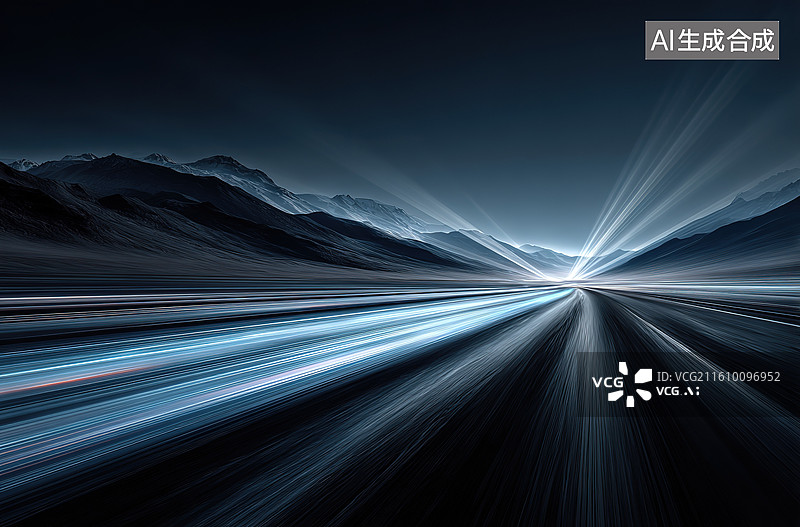【AI数字艺术】夜色中光轨延伸的山脉图片素材