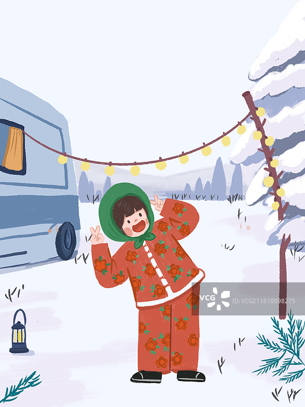 穿着东北大花袄在雪地拍照图片素材