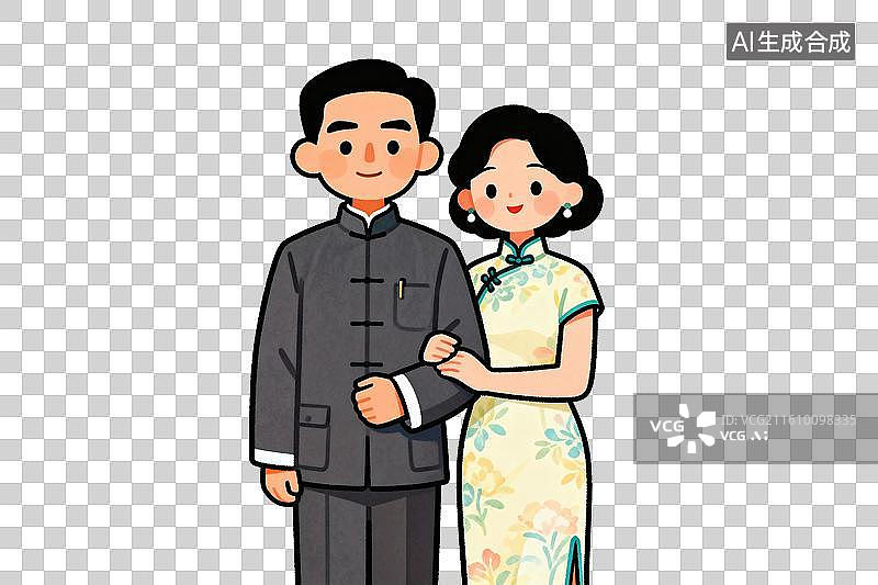 【AI数字艺术】卡通风格，一对穿着民国服饰的中年夫妻PNG格式的免扣元素图片素材
