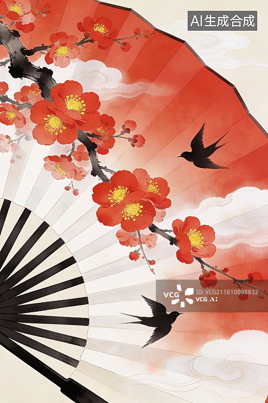 【AI数字艺术】红梅飞鸟折扇图图片素材
