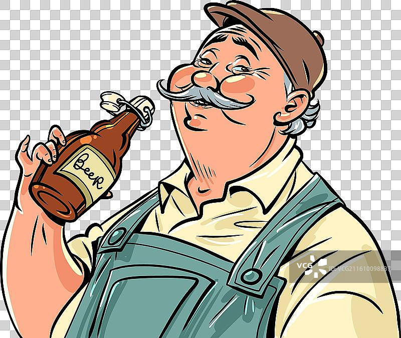 一个满意的男人手里拿着一瓶啤酒图片素材