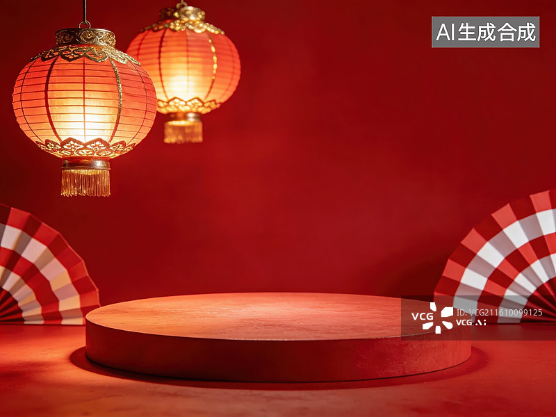 【AI数字艺术】红色背景下的中式灯笼与展台图片素材