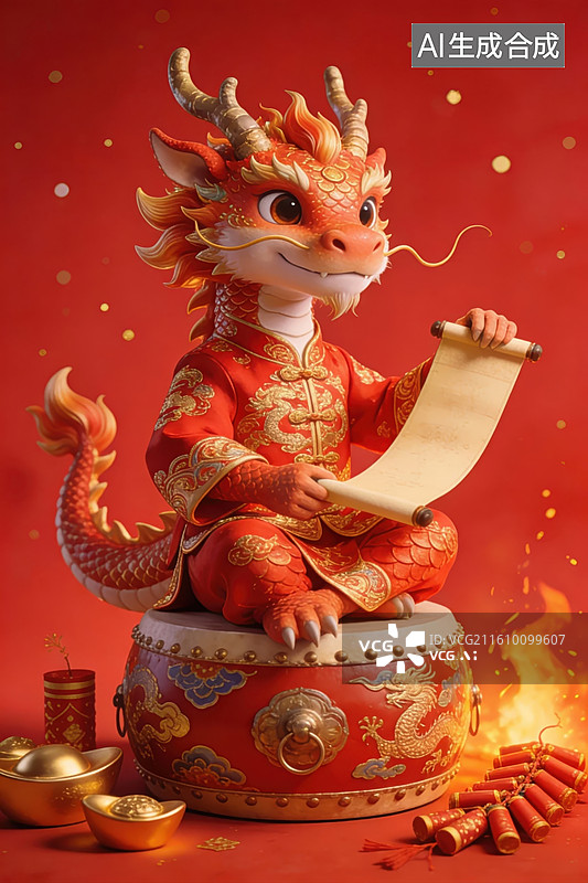【AI数字艺术】红色龙形玩偶持卷轴坐鼓图片素材