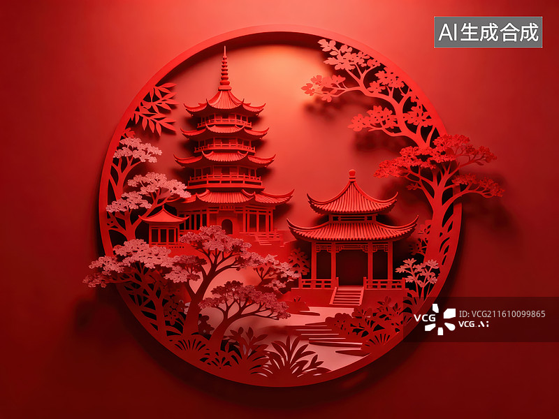【AI数字艺术】红色剪纸风格中式园林图片素材