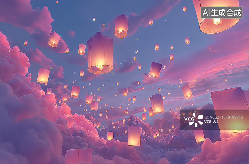 【AI数字艺术】夜空中的孔明灯与云海图片素材