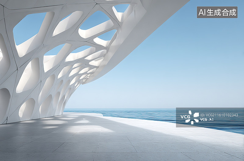 【AI数字艺术】白色镂空建筑临海景观图片素材