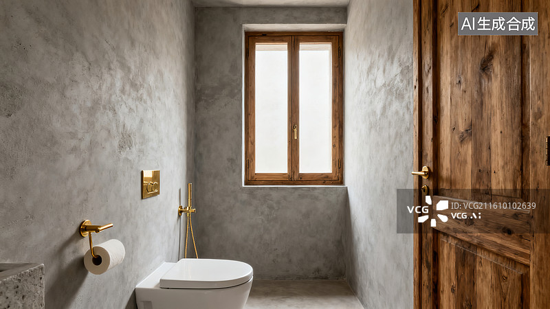 【AI数字艺术】《侘寂风格的水泥墙木色门卫生间场景》图片素材
