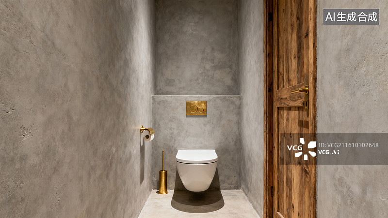 【AI数字艺术】《侘寂风格的水泥墙木色门卫生间场景》图片素材