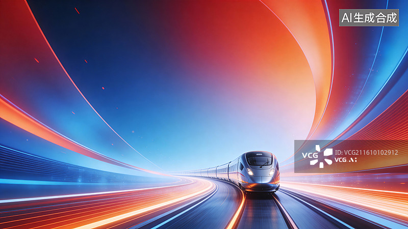 【AI数字艺术】高速列车穿越动感彩色光轨图片素材