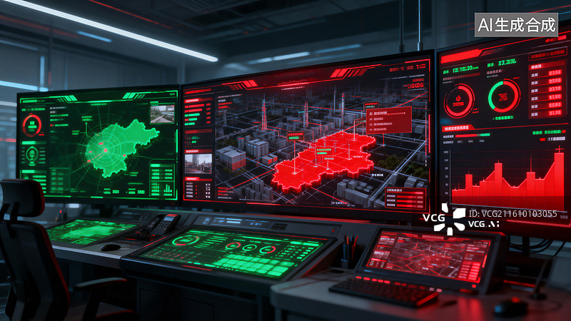 【AI数字艺术】高科技控制室与数字监控系统图片素材