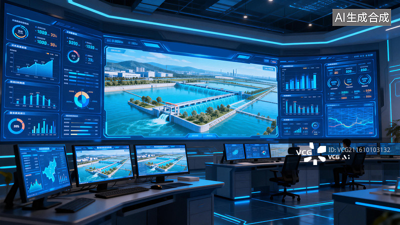 【AI数字艺术】智慧水资源监控控制室图片素材