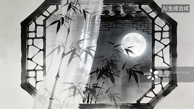 【AI数字艺术】水墨竹月传统窗景图图片素材