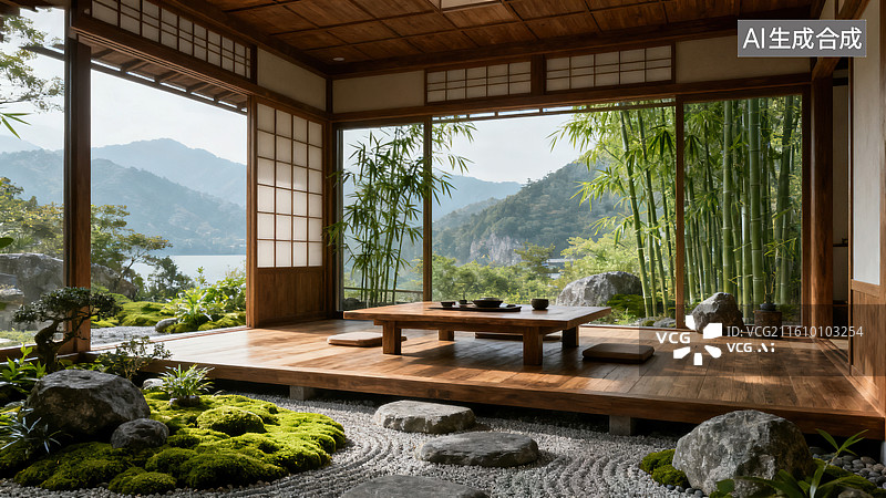 【AI数字艺术】《日式禅意的和室枯山水茶室场景》图片素材