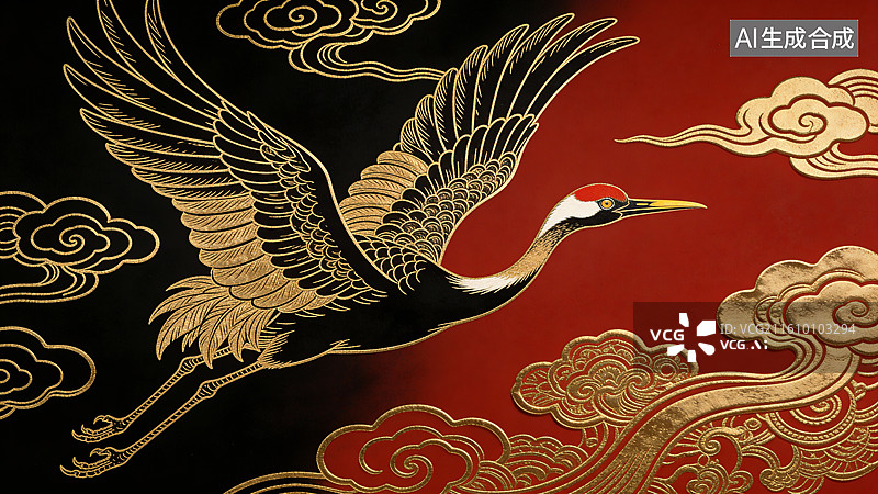 【AI数字艺术】传统风格金鹤与华丽云纹图片素材