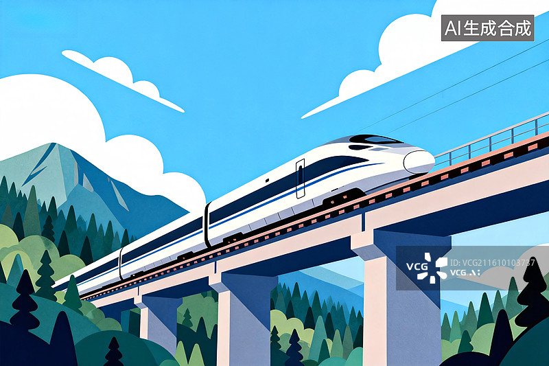 【AI数字艺术】中国高铁行驶在山间的高架上图片素材