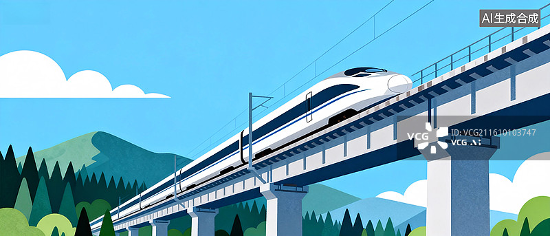 【AI数字艺术】中国高铁行驶在山间的高架上图片素材