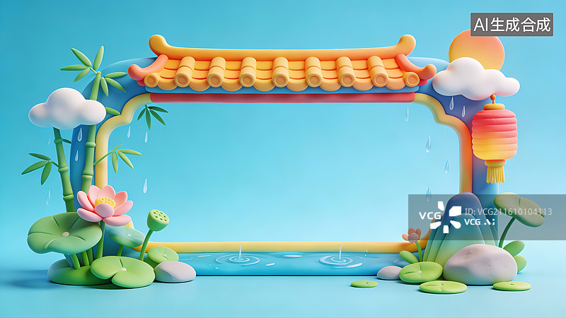 【AI数字艺术】3D卡通粘土国风雨水节气边框图片素材