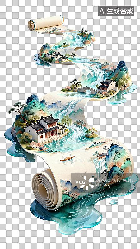 【AI数字艺术】卡通风格，展开的卷轴，江南水乡美丽景象PNG格式的免扣元素图片素材