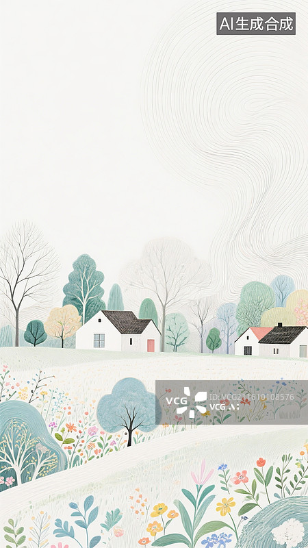 【AI数字艺术】线描插画，花草树木，小村落，极简风格，抽象的梦幻般的感觉，超现实主义，非现实的梦幻笔触，不规则构图图片素材