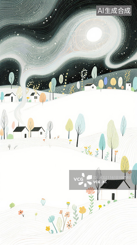 【AI数字艺术】线描插画，花草树木，小村落，极简风格，抽象的梦幻般的感觉，超现实主义，非现实的梦幻笔触，不规则构图图片素材