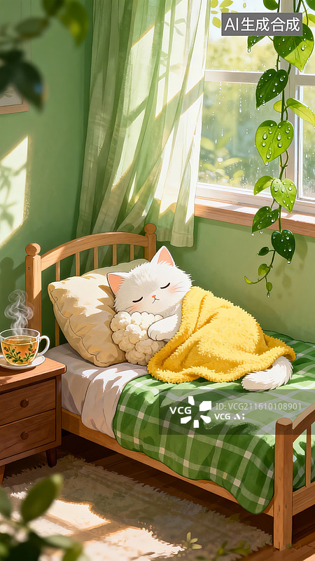【AI数字艺术】童趣治愈系插画，可爱的白猫披着黄色的毛毯，铺着绿色格子床单的小床上，窗边绿萝垂落的叶片上挂着露珠图片素材