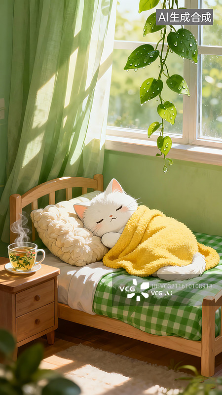 【AI数字艺术】童趣治愈系插画，可爱的白猫披着黄色的毛毯，铺着绿色格子床单的小床上，窗边绿萝垂落的叶片上挂着露珠图片素材