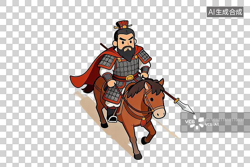 【AI数字艺术】卡通风格，手拿长枪，骑着战马的古代将军形象PNG格式的免扣元素图片素材