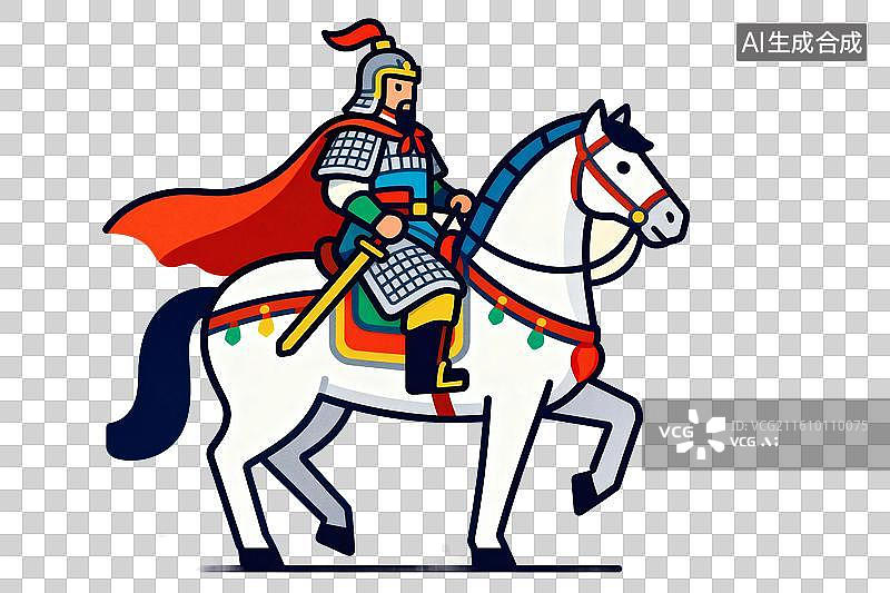【AI数字艺术】卡通风格，骑着战马，穿着铠甲披风的古代将军PNG格式的免扣元素图片素材