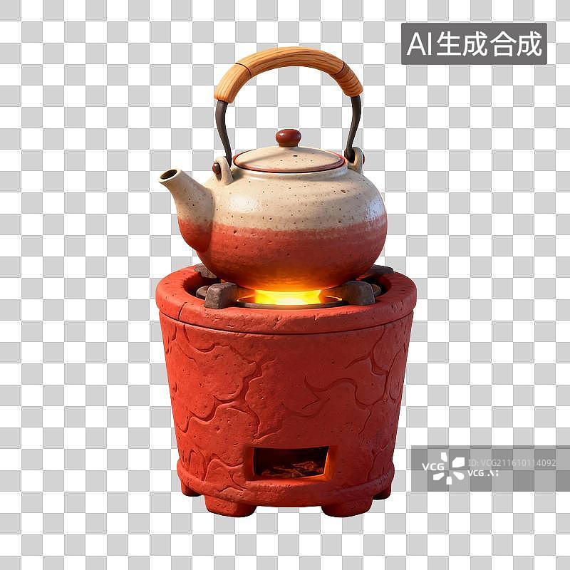 【AI数字艺术】手绘插画，潮汕工夫茶，红泥小火炉，围炉煮茶，烧水烹茶，茶文化，免抠元素图片素材