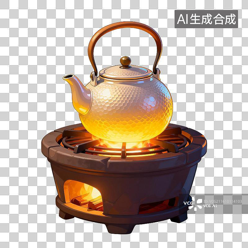 【AI数字艺术】手绘插画，潮汕工夫茶，红泥小火炉，围炉煮茶，烧水烹茶，茶文化，免抠元素图片素材